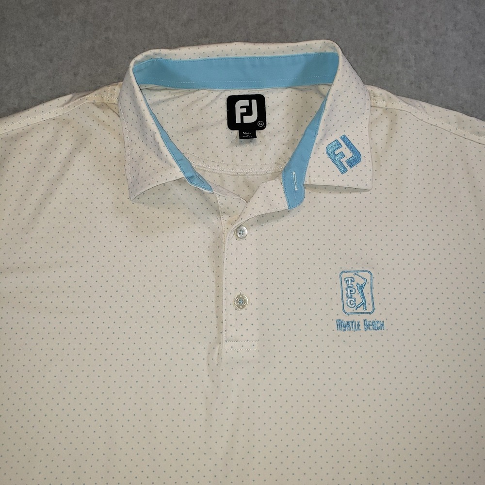 Footjoy Golf Polo Shirt Mens White Teal Polka Dots Sz XL TPC Myrtle Beach Logo